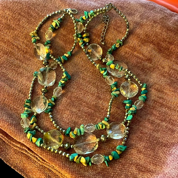 Three strand crystal turquoise chip necklace - Picture 1 of 6